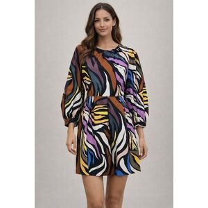 Who What Wear Abstract Zebra Print Mini Dress Puff Sleeve Open Back Tie Boho M